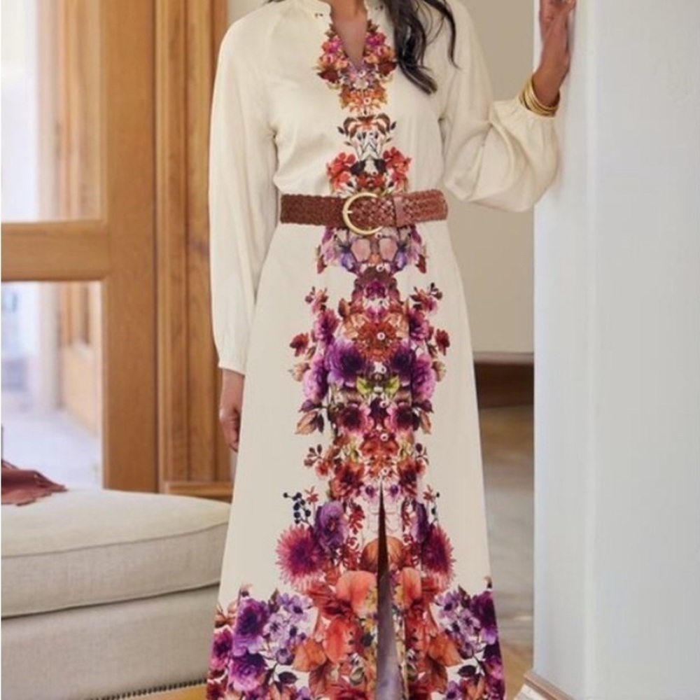 Soft Surroundings Women's Sz M Cream Multi Floral Paulette Maxi Shirt Dress - Picture 5 of 13